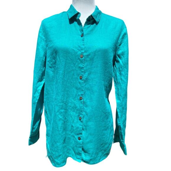 J. Jill Love Linen Essential‎ Shirt Button Front Blouse Teal Aqua Medium - Picture 1 of 8
